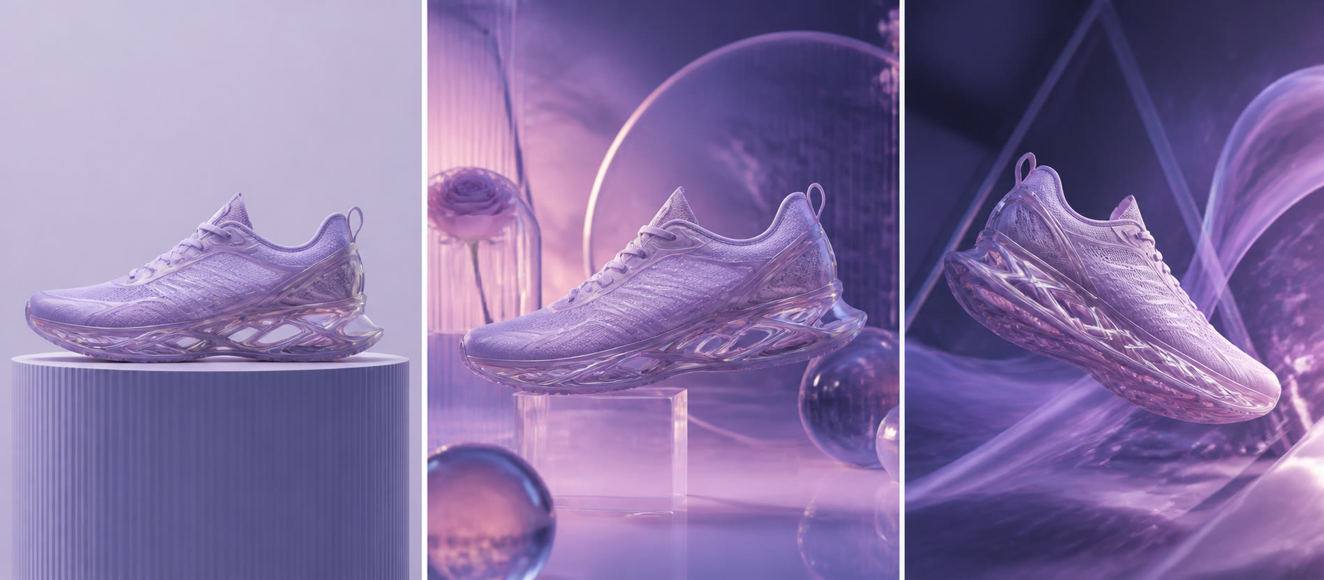 Illustrative source image of a lavender running shoe on a pedestal